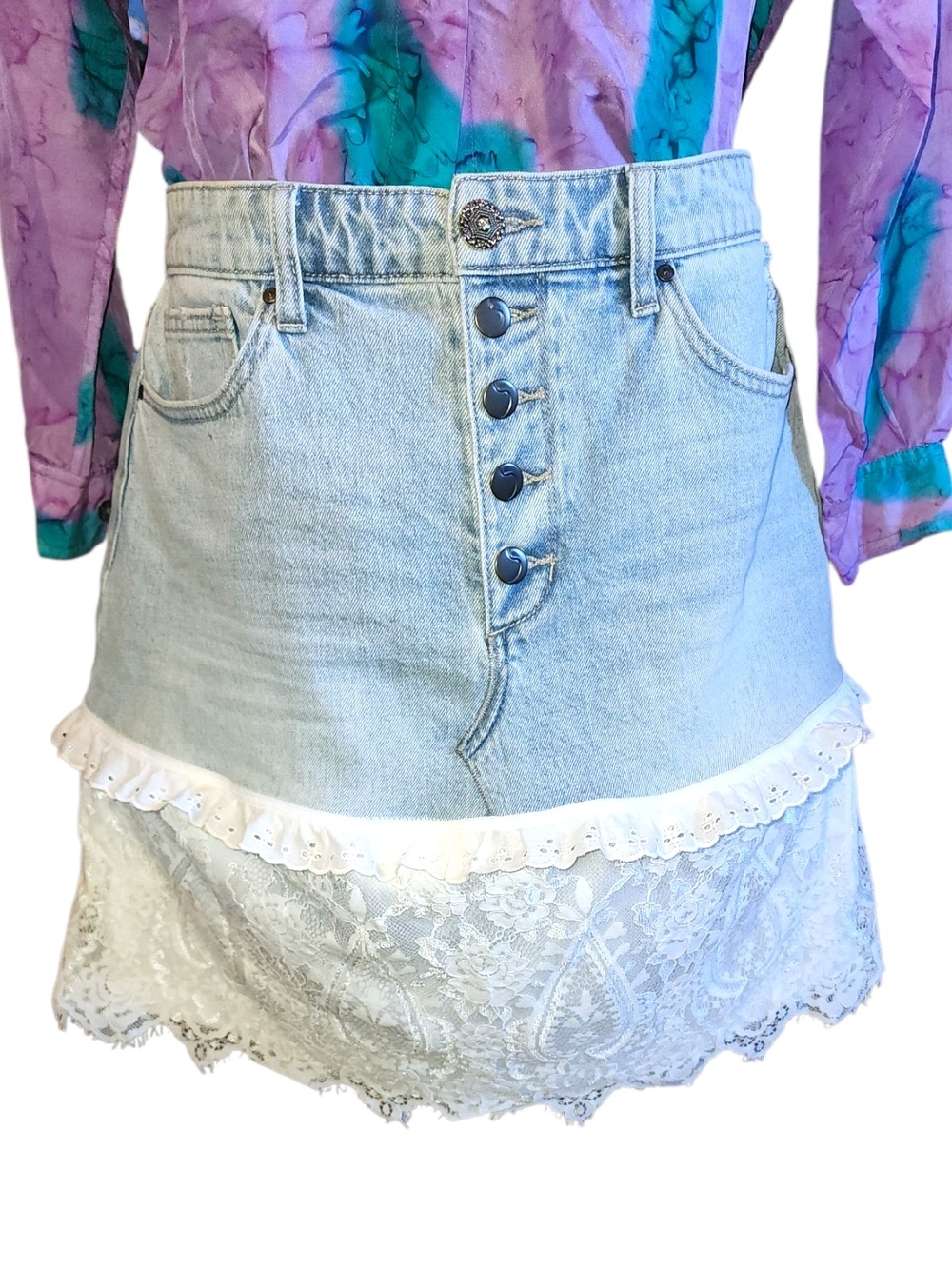 Handmade Upcycled Repurposed Denim & Lace One Of A Kind Skater Boho